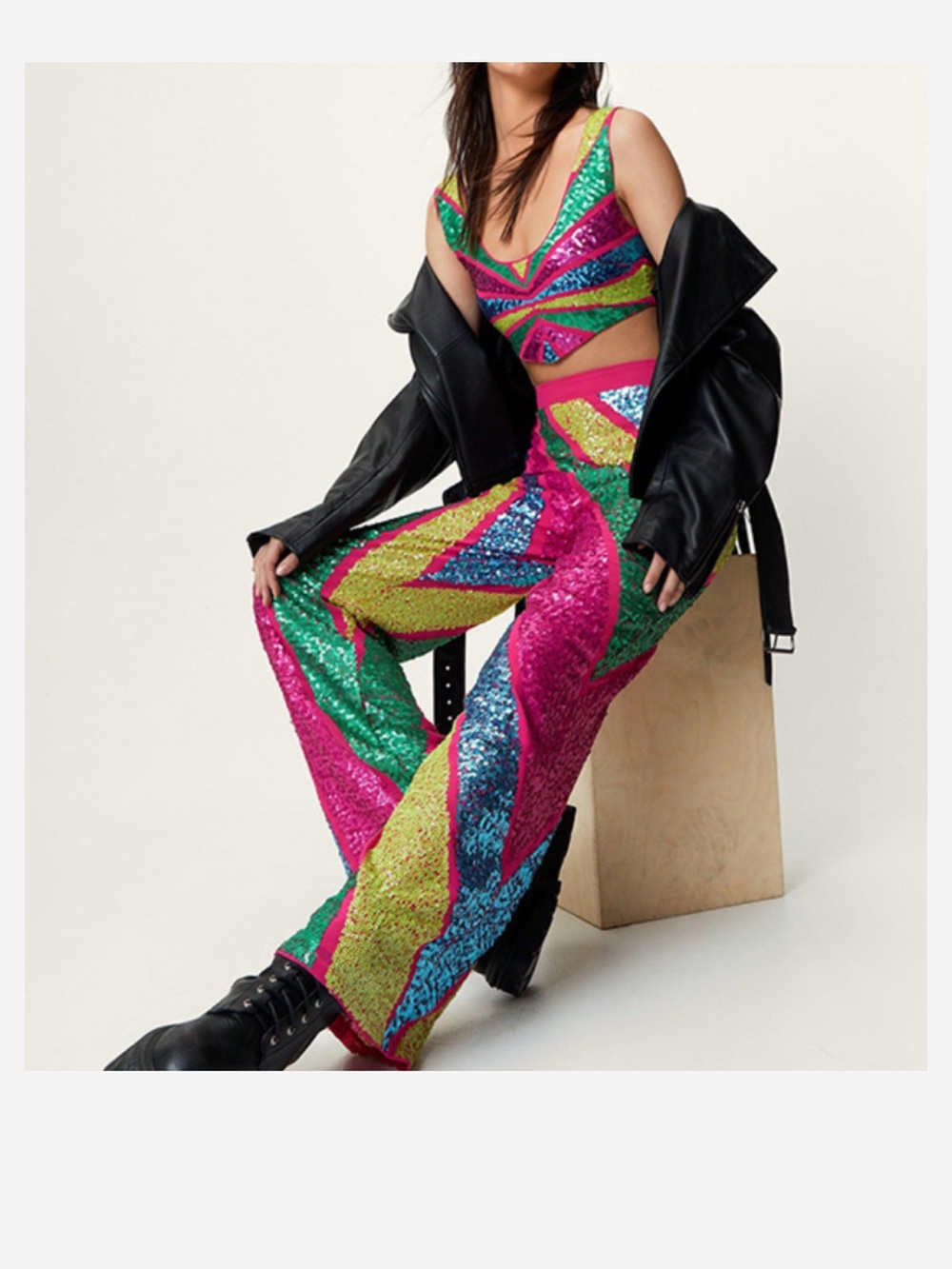 Nasty Gal Multicolor Sequin Wide-Leg Pants in Pink, Green & Blue